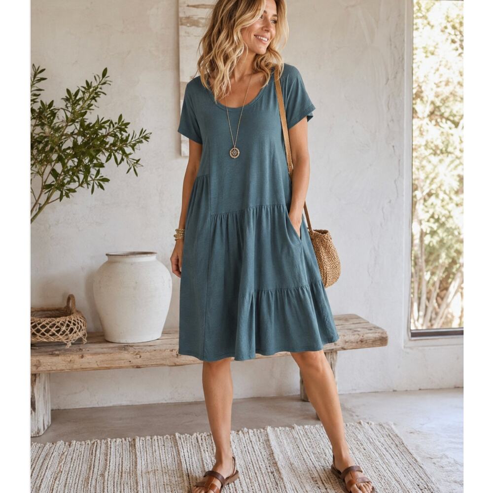 3rd Story Tiered T Shirt Dress Size M Teal Lagenlook Slub Knit Oversized Boho
